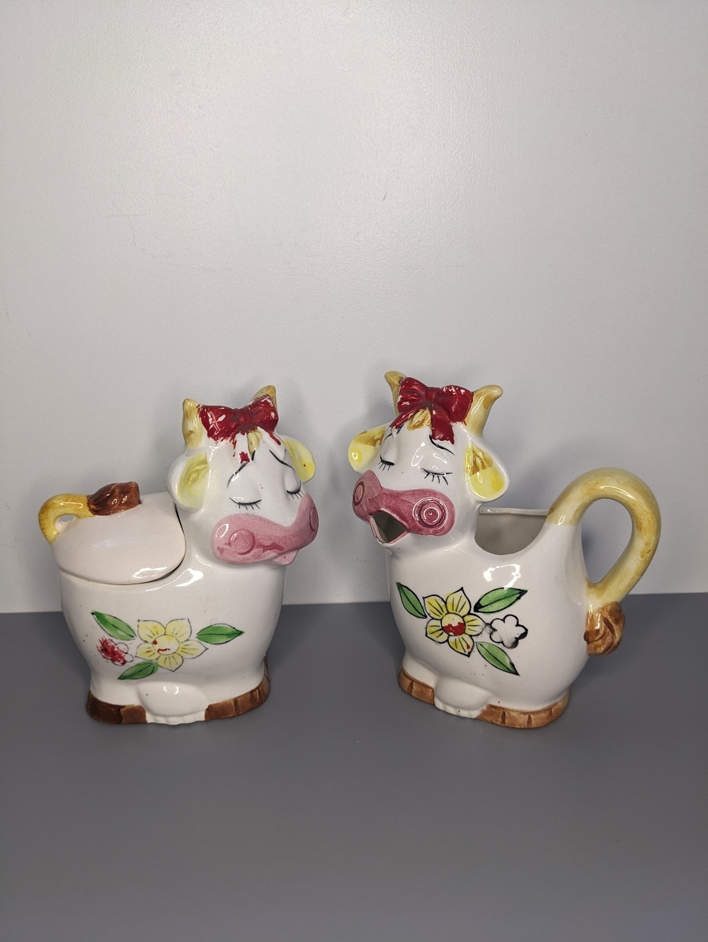 Mid Century Japan Anthropomorphic Cow Creamer And Sugar Floral Ceramic Set